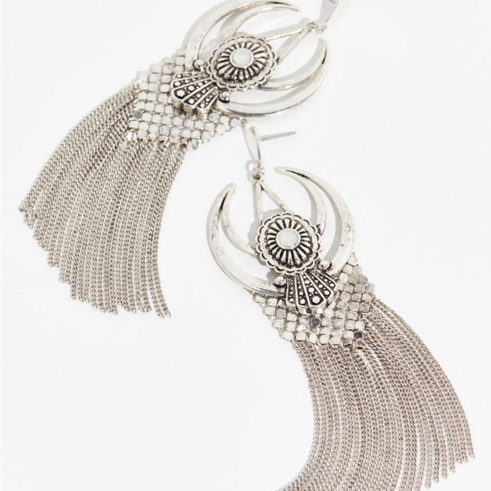 Free People Kalispell silver fringe crescent moon earrings